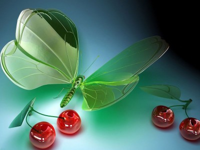 3D Glass Butterflies with Apple Background Wallpaper