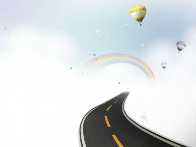 Sky Road with Flying Balloons Background Wallpaper
