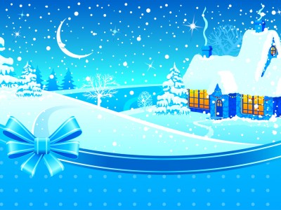 Winter and house with Blue ribbon Background Wallpaper