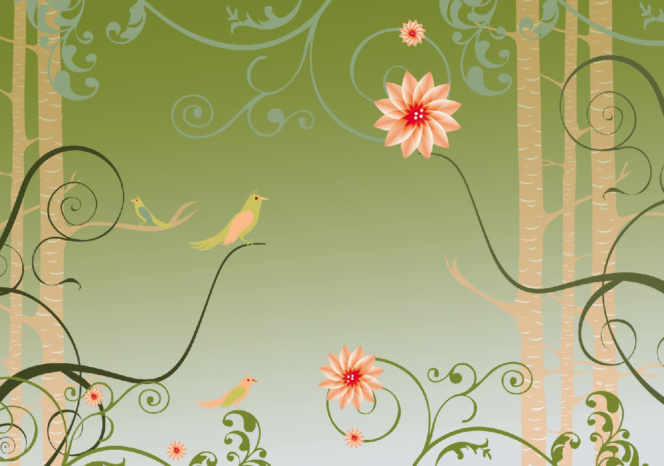 Green swirly with birds backgrounds