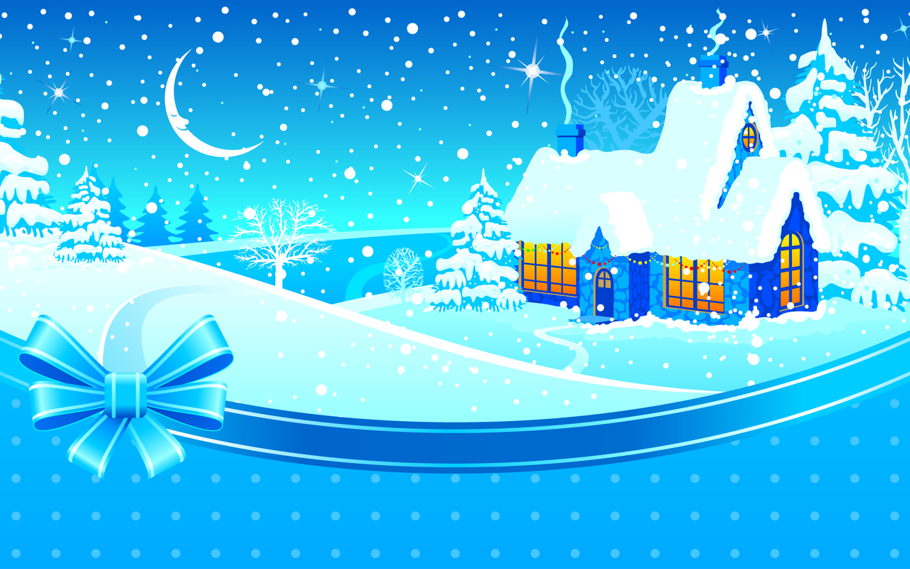 Winter and house with Blue ribbon backgrounds